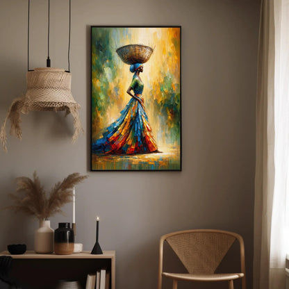 African Woman , Black Queen Basket canvas wall art shown in a styled room (view 7)