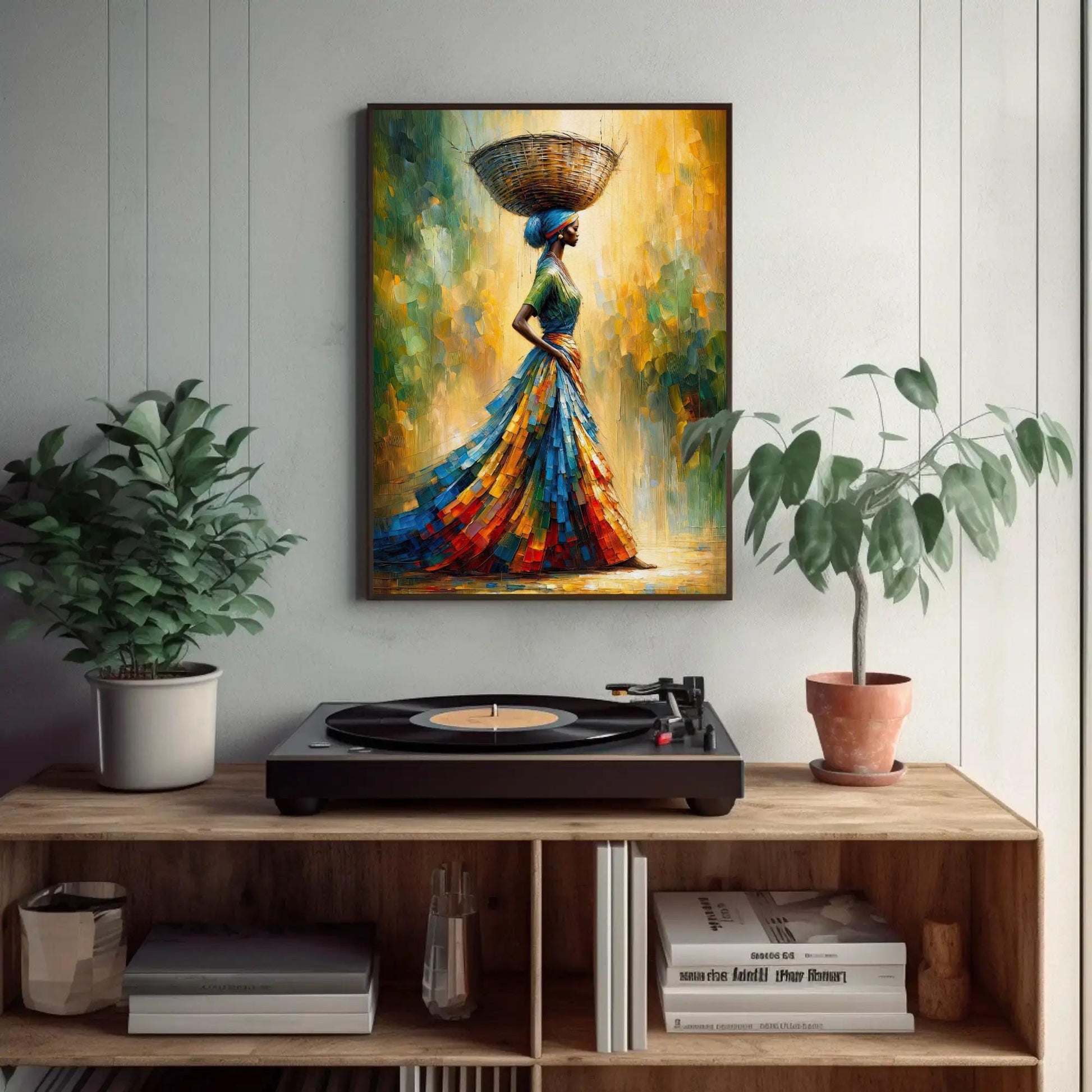 African Woman , Black Queen Basket canvas wall art shown in a styled room (view 2)