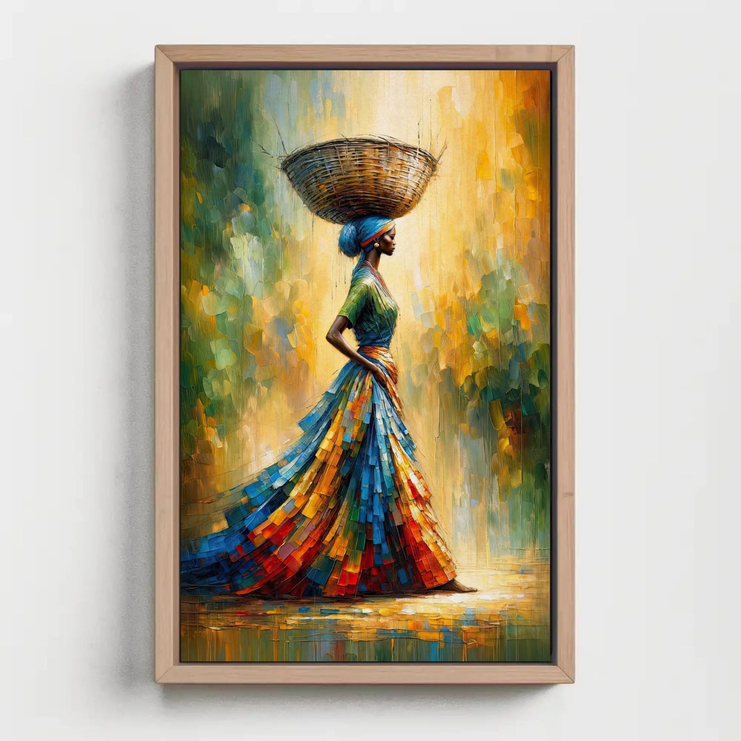 African Woman , Black Queen Basket canvas wall art shown in a styled room (view 4)