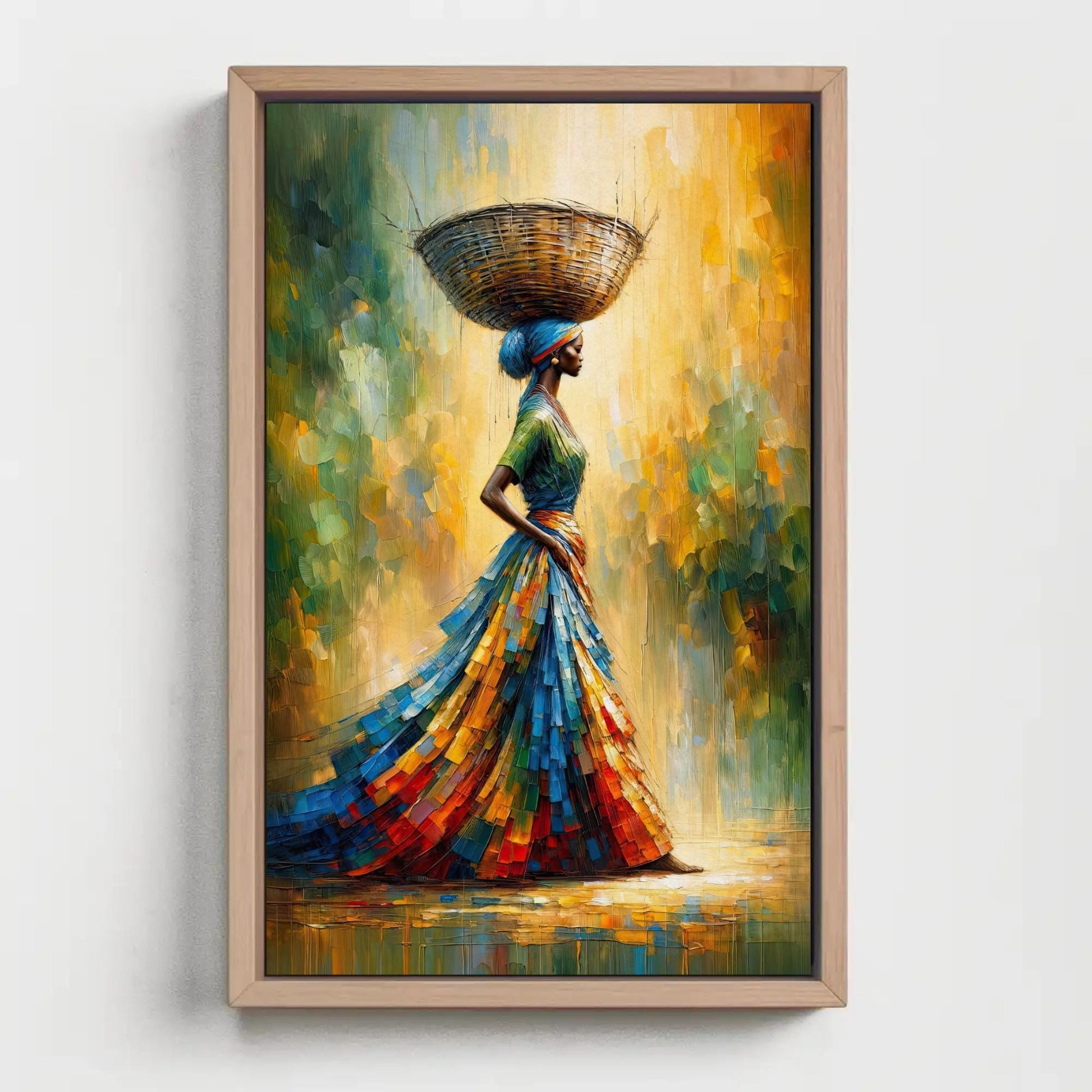 African Woman , Black Queen Basket canvas wall art shown in a styled room (view 4)