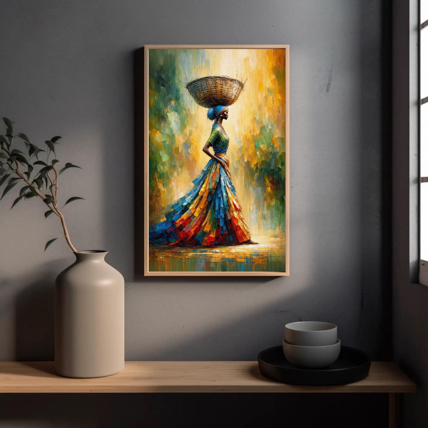 African Woman , Black Queen Basket canvas wall art shown in a styled room (view 3)