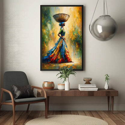 African Woman , Black Queen Basket canvas wall art shown in a styled room (view 8)