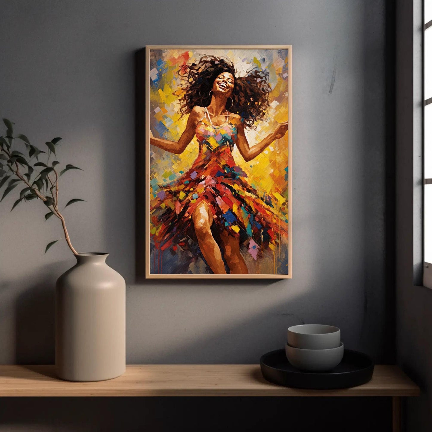 African Woman Dancing Art - Colorful Wall Art Framed Canvas Print, Vibrant Decor - Antarmada