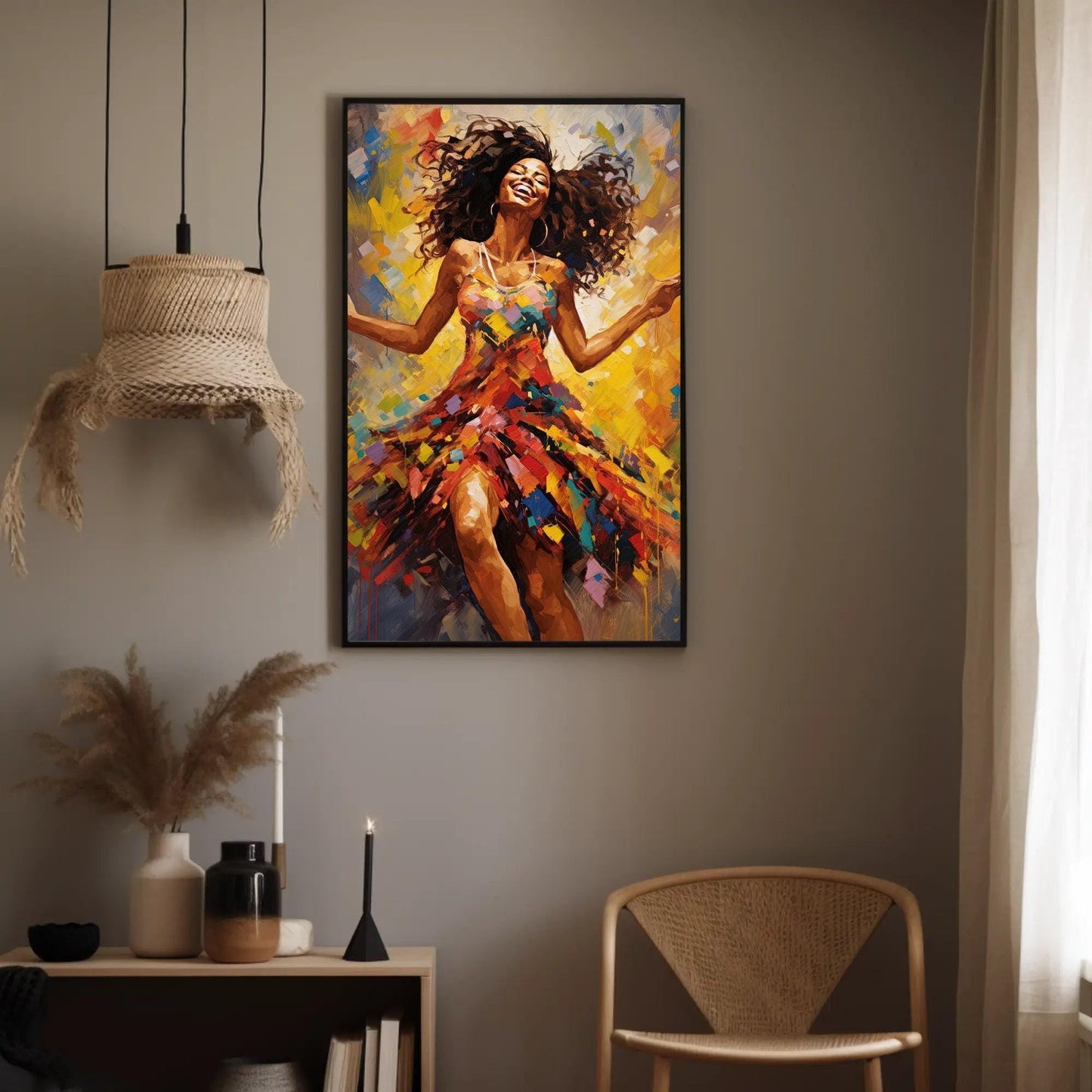 African Woman Dancing Art - Colorful Wall Art Framed Canvas Print, Vibrant Decor - Antarmada