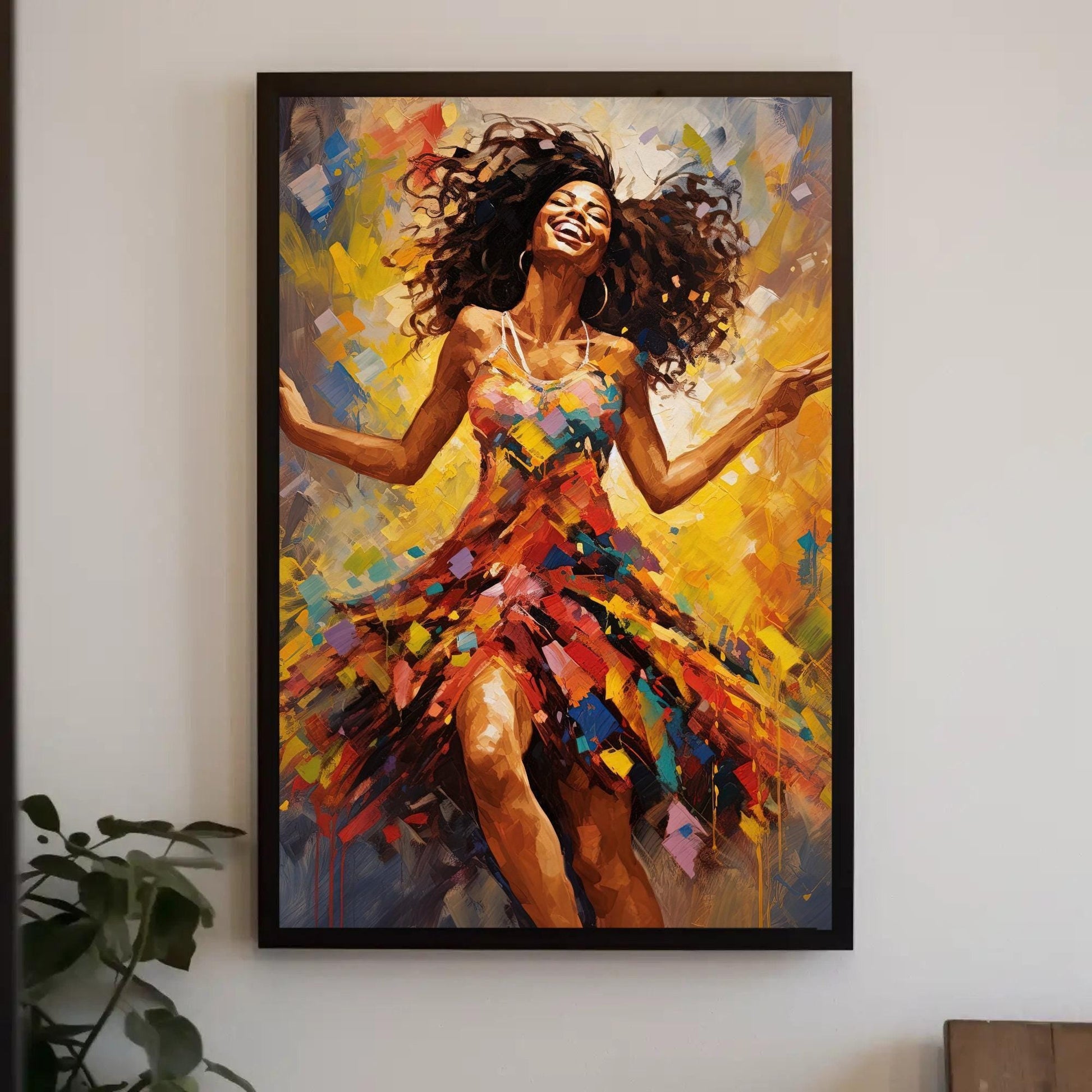 African Woman Dancing Art - Colorful Wall Art Framed Canvas Print, Vibrant Decor - Antarmada