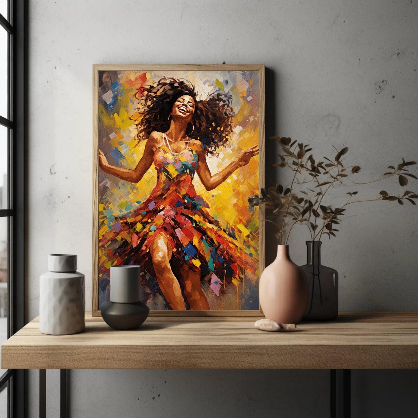 African Woman Dancing Art - Colorful Wall Art Framed Canvas Print, Vibrant Decor - Antarmada