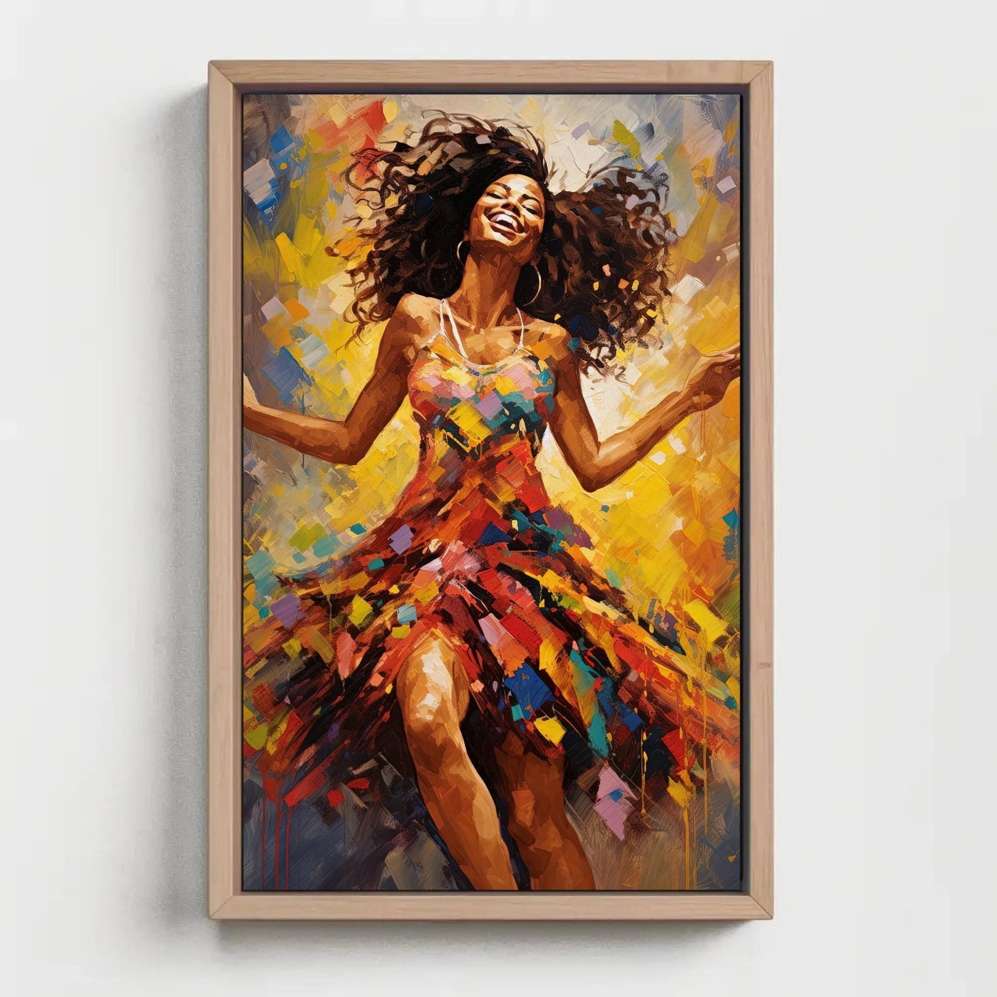 African Woman Dancing Art - Colorful Wall Art Framed Canvas Print, Vibrant Decor - Antarmada