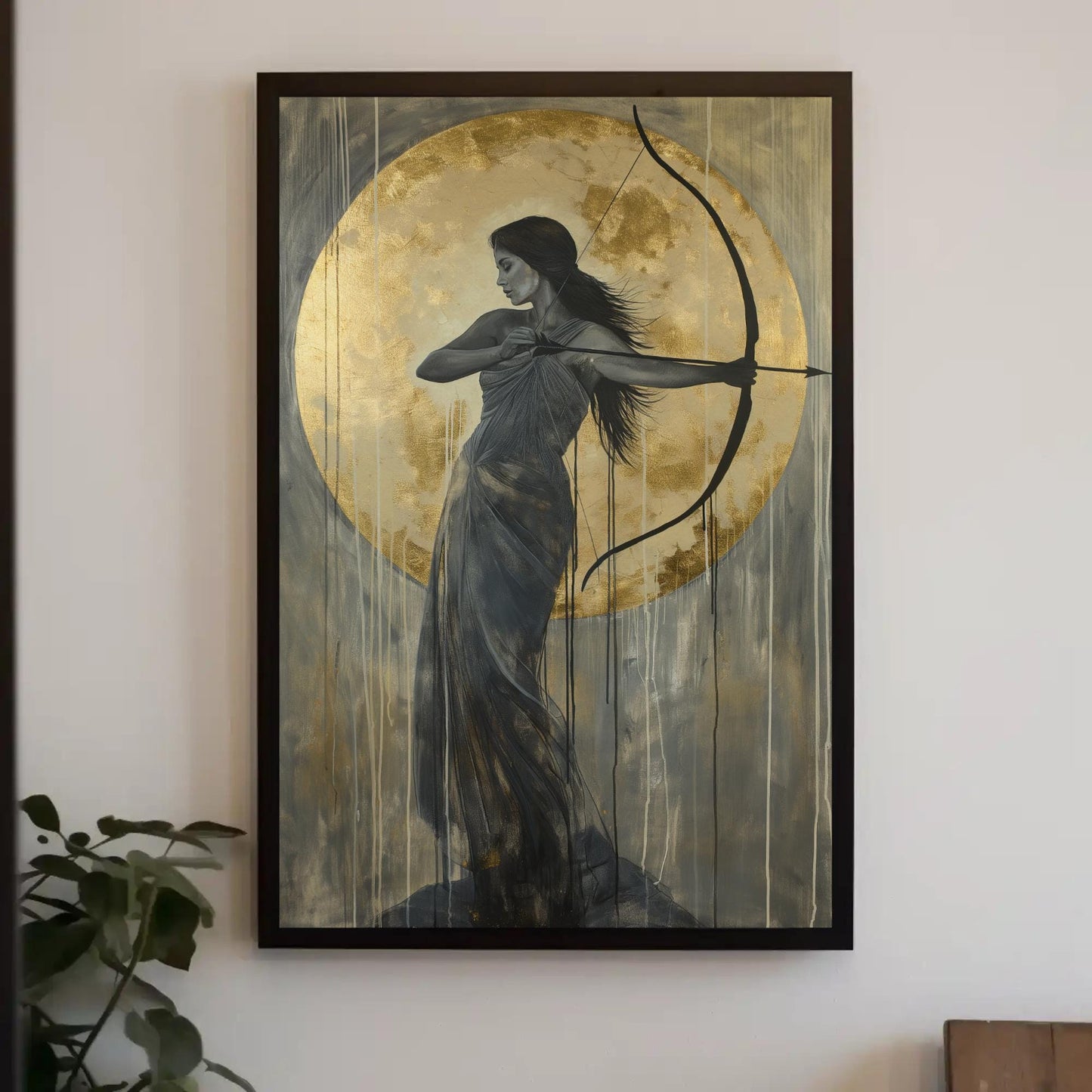 Artemis Goddess Canvas | Greek Mythology Art - Gold Moon Painting, Framed Wall Decor - Antarmada
