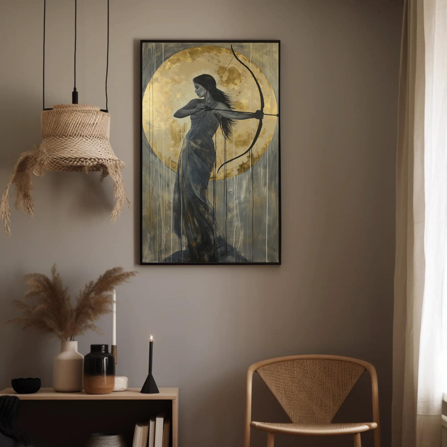 Artemis Goddess Canvas | Greek Mythology Art - Gold Moon Painting, Framed Wall Decor - Antarmada