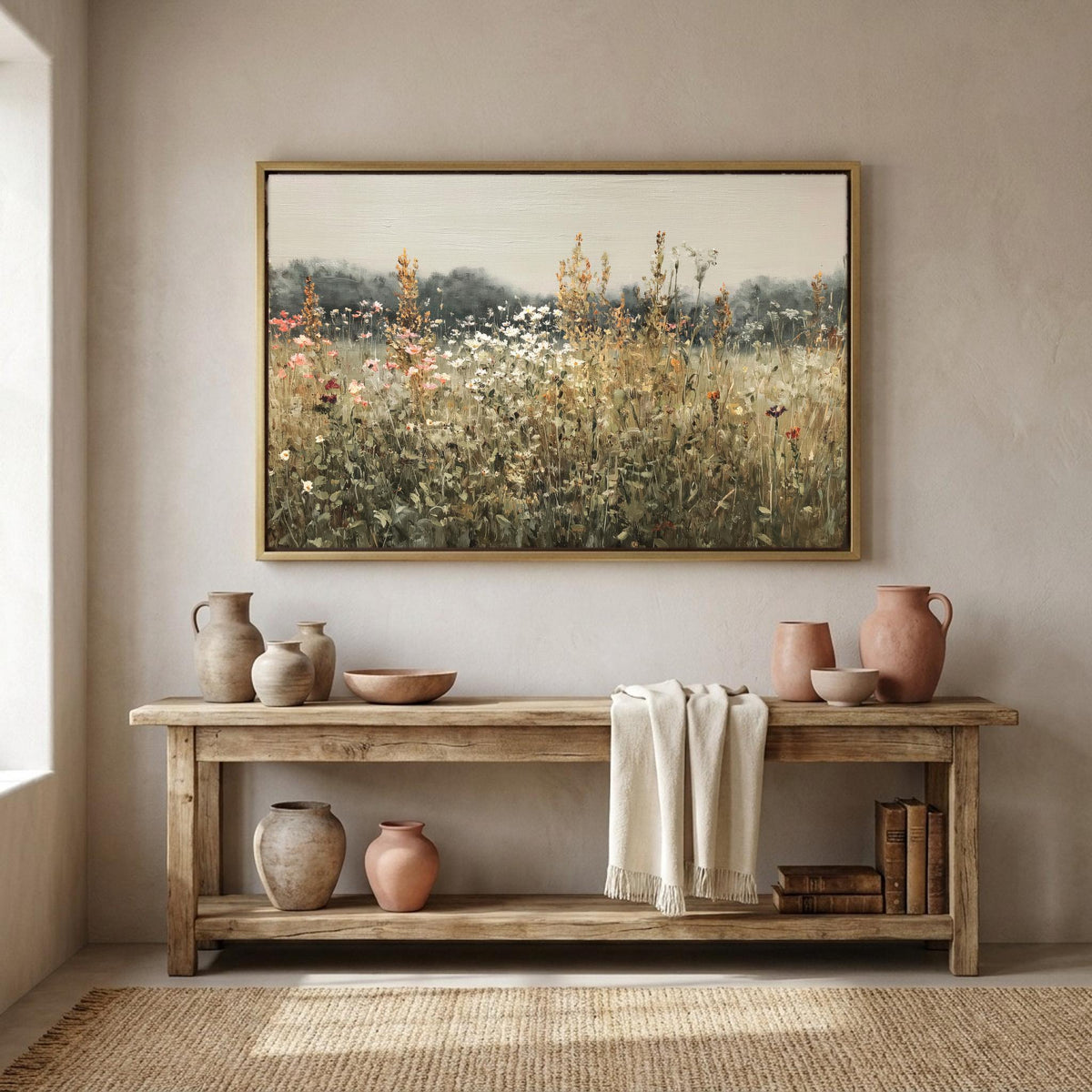 Sage wildflower meadow canvas wall art, wooden console table with various decorative items on it, including vases, bowls