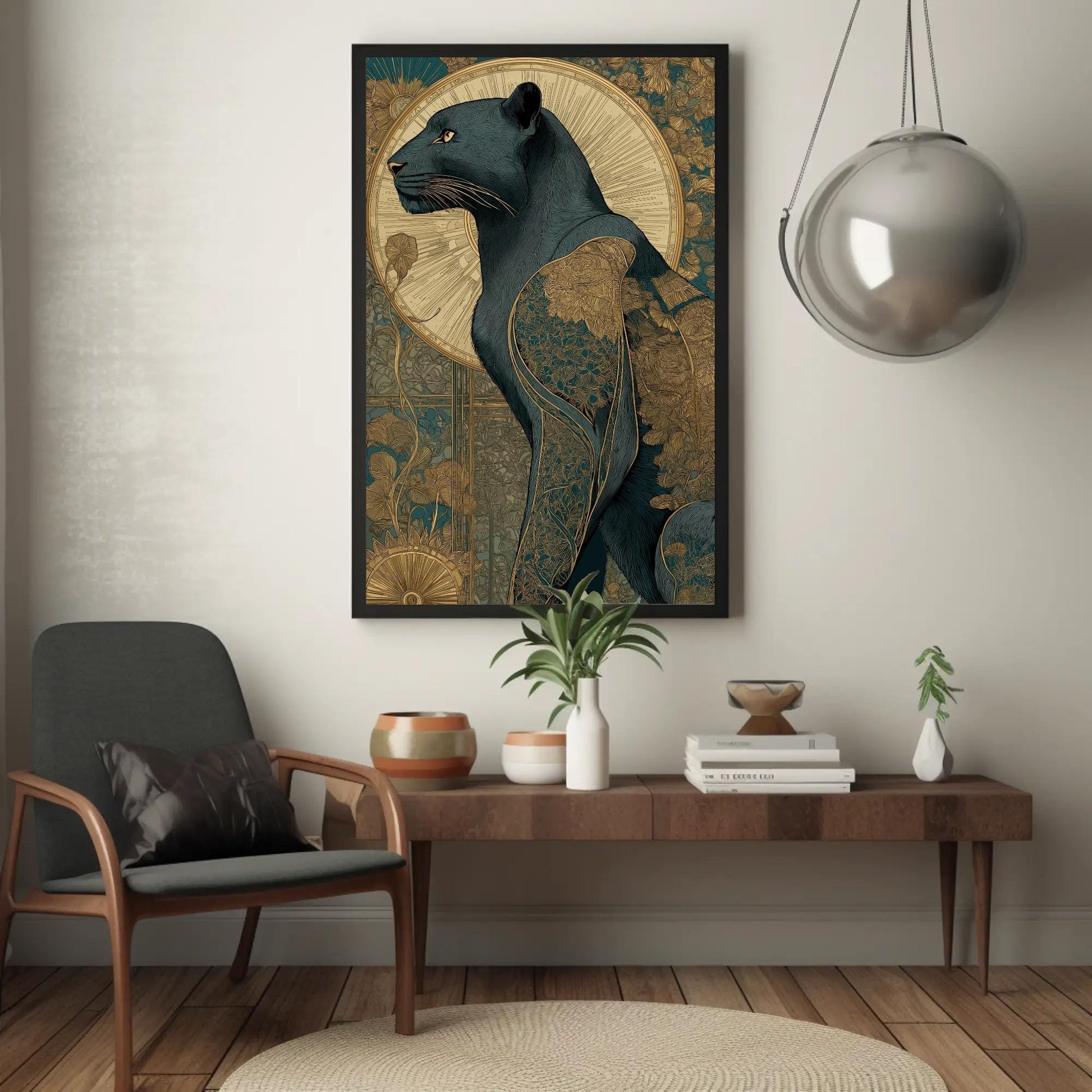 Art Deco Panther , Gold Geometric canvas wall art shown in a styled interior