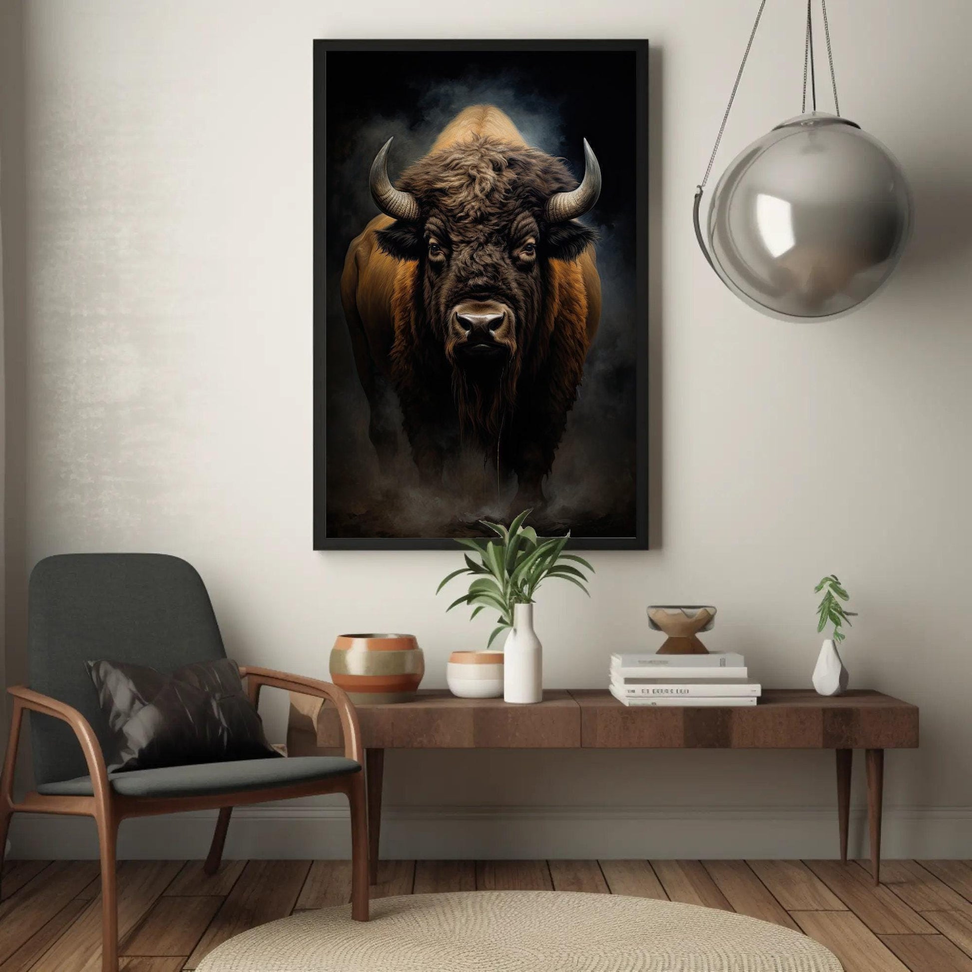 Bison canvas wall art shown in a living room