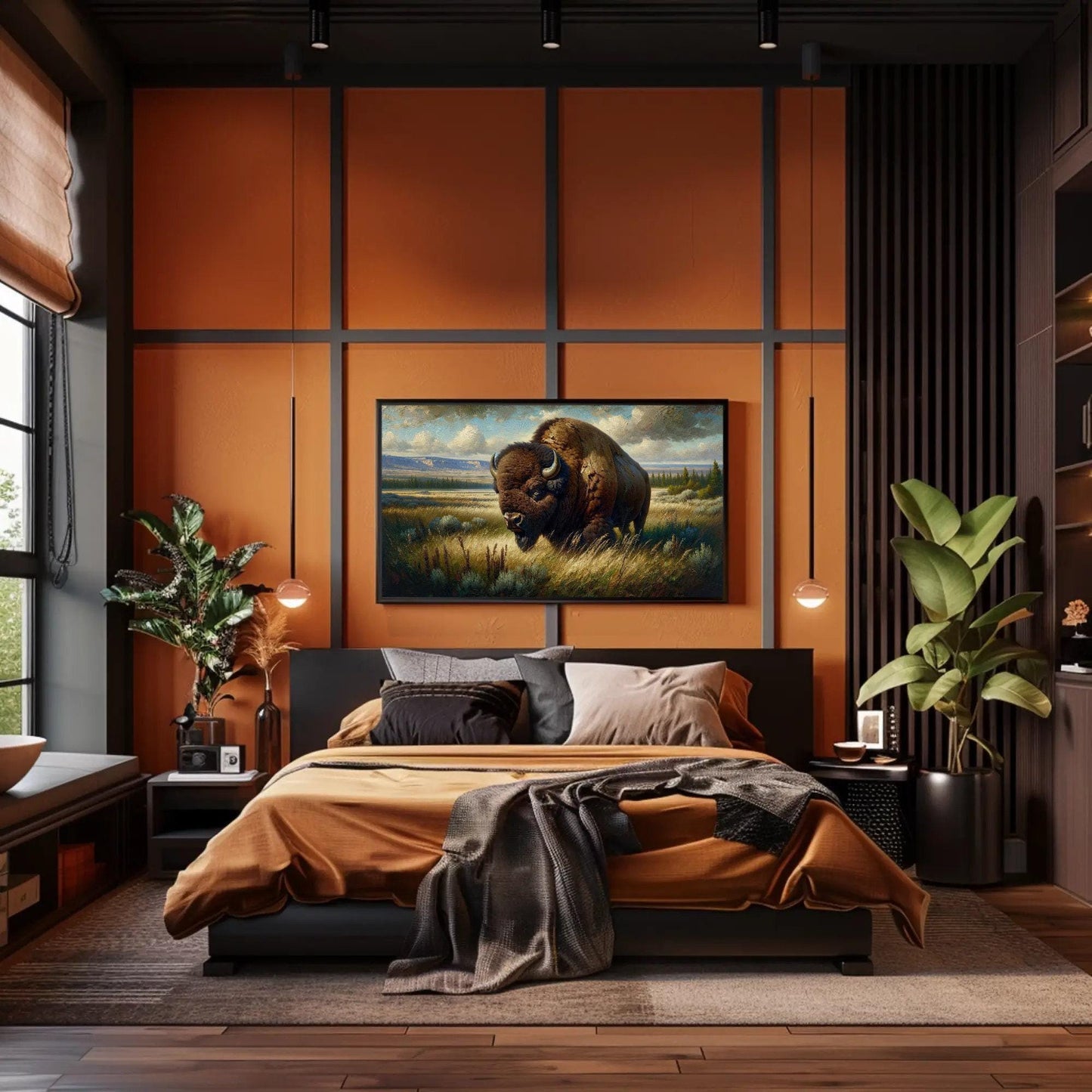 Bison Oil Painting canvas wall art shown in a bedroom (view 2)