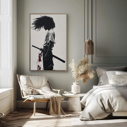 African Samurai , Black Warrior Anime canvas wall art shown in a bedroom