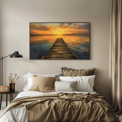 Sunset Dock Canvas - Extra Large Rustic Sunset Scene Lake House Decor Print