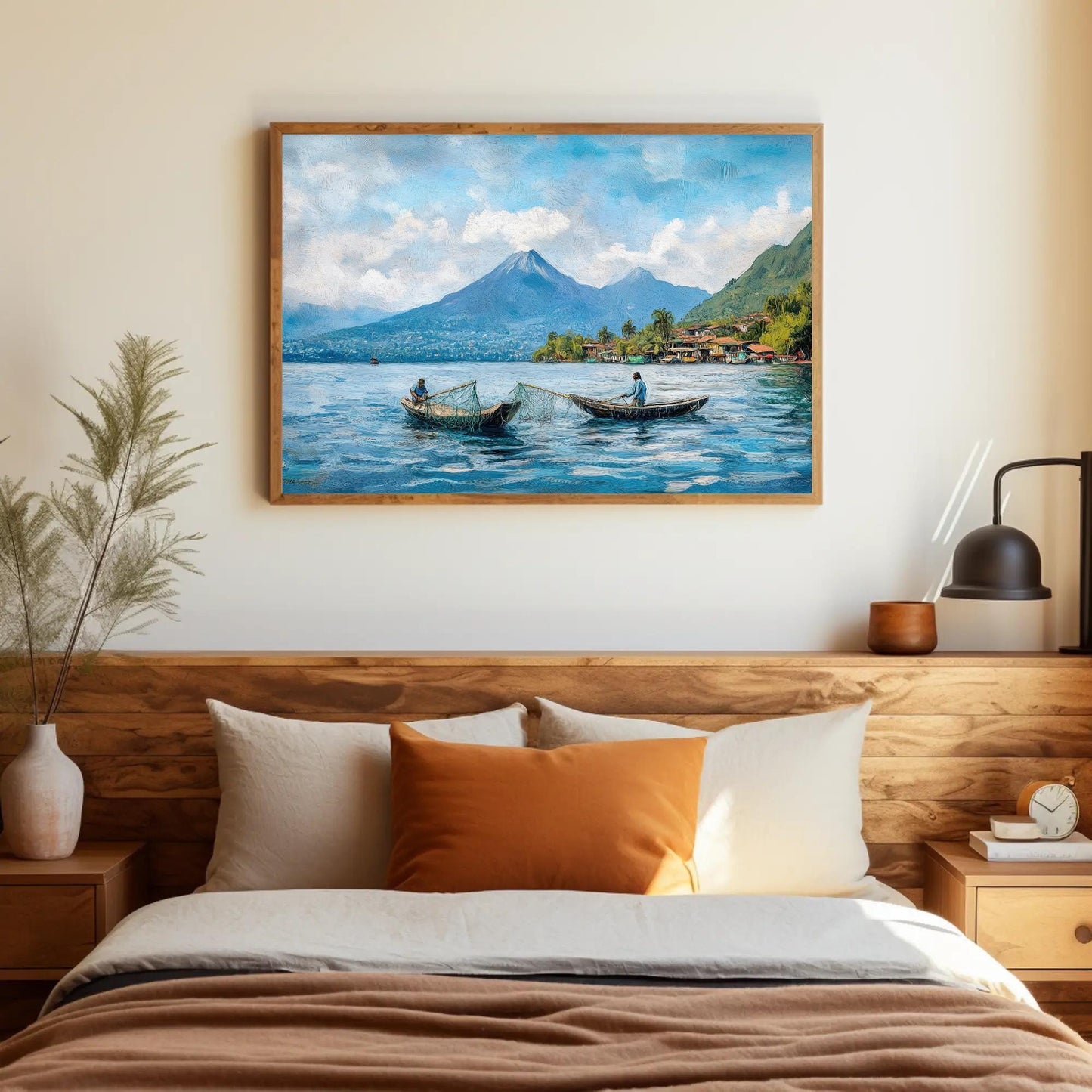 Lake Atitlán , Guatemala Mayan Landscape canvas wall art shown in a styled room