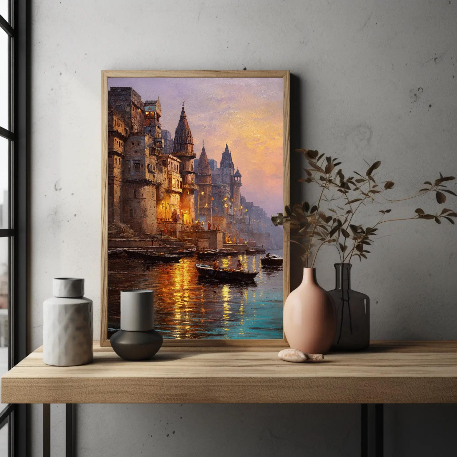 Varanasi Ghats canvas wall art in gold tones
