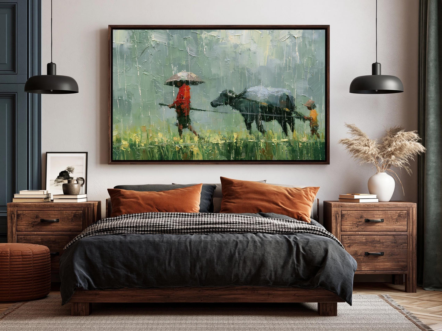 a serene bedroom scene with a large painting of a person and a cow in a field hanging on the wall above a bed with a black and white checkered bedspread.