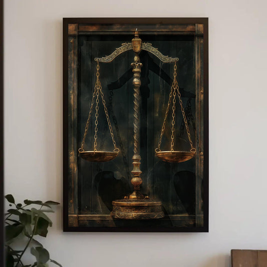 a painting of a scale and a potted plant