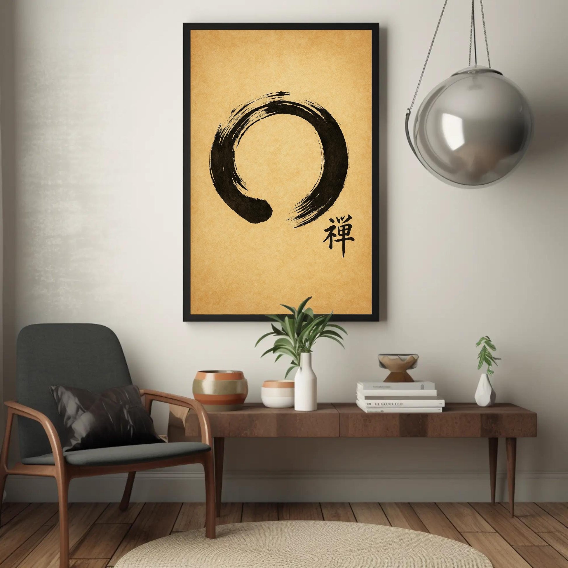 a living room with a chair and a painting on the wall