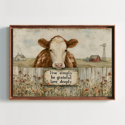 The image is a framed painting depicting a cow in a pastoral setting, with a wooden fence and a sign that reads "Live simply, begrudgingly, love deeply".
