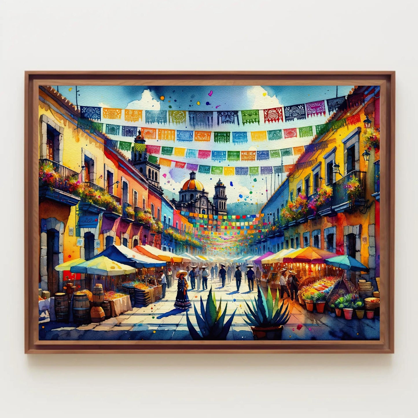 Mexican Street Scene , Traditional Pueblo canvas wall art shown in a styled room