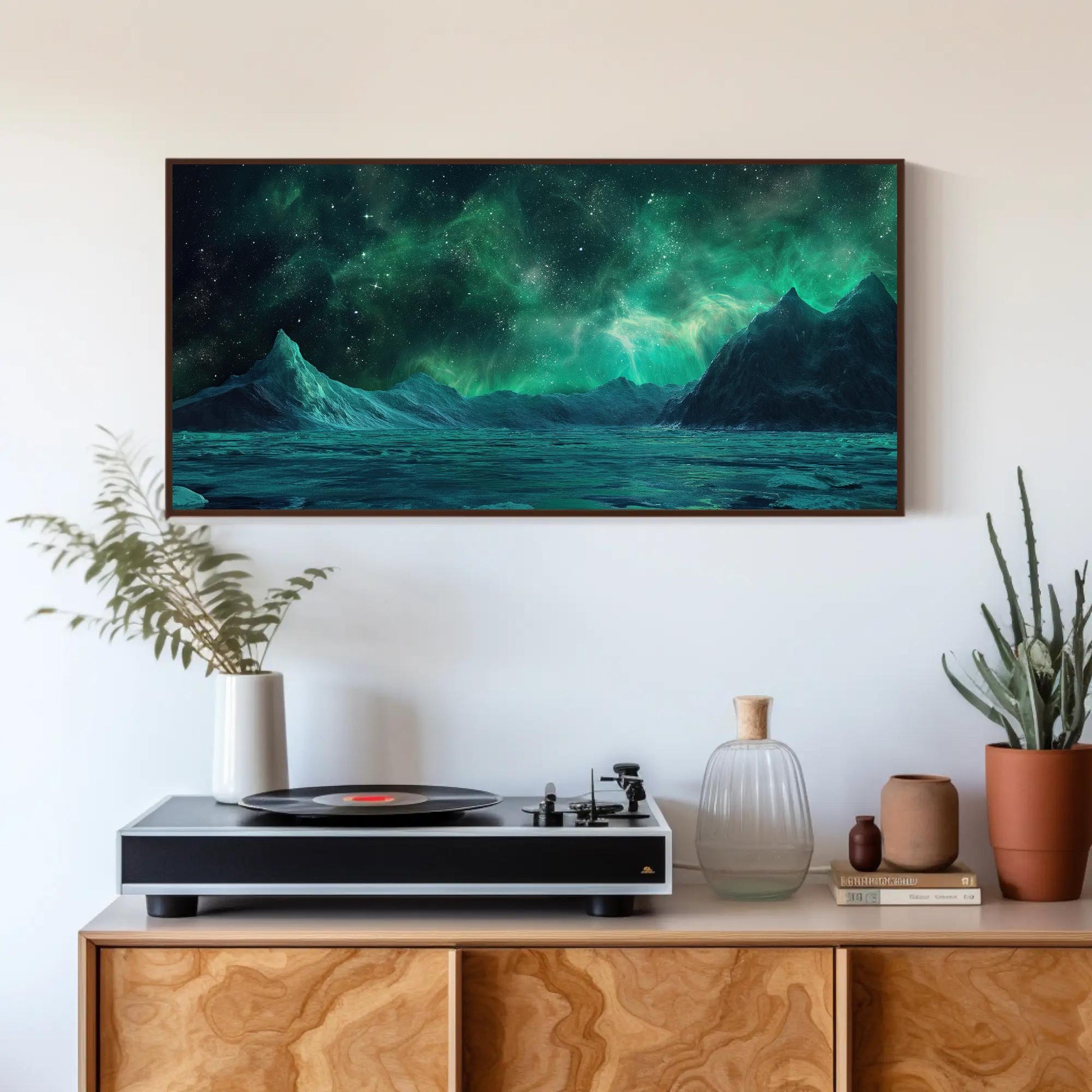 Antarctica Night canvas wall art shown above a cabinet