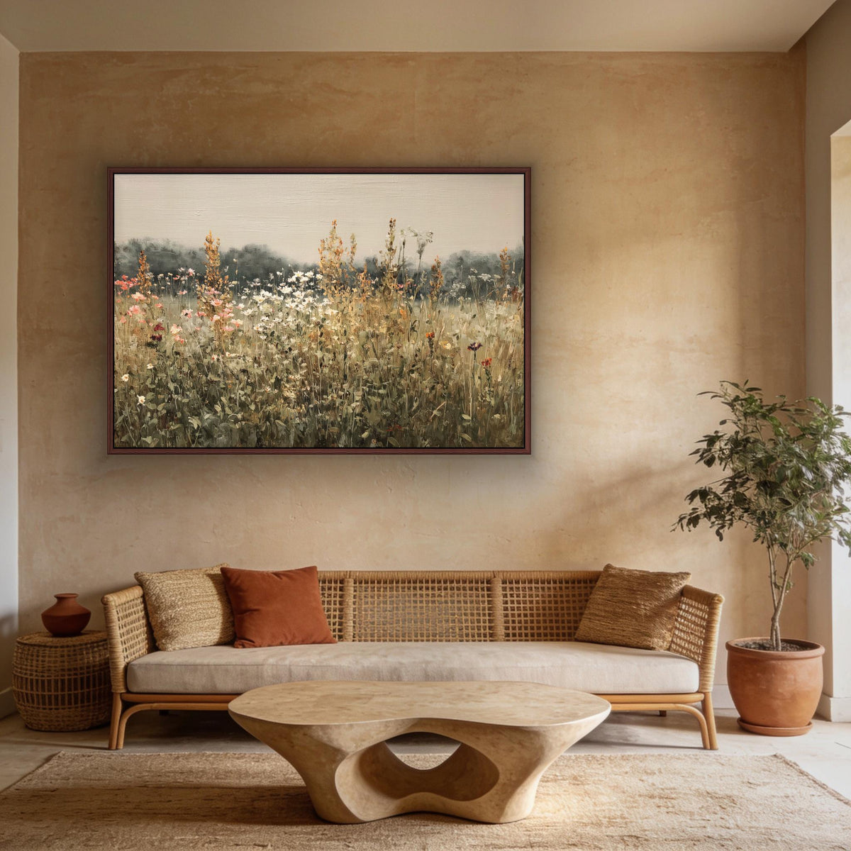 Sage wildflower meadow canvas wall art, living room with a large painting of a field of flowers hanging on the wall above a
