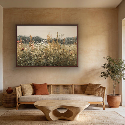 Sage wildflower meadow canvas wall art, living room with a large painting of a field of flowers hanging on the wall above a
