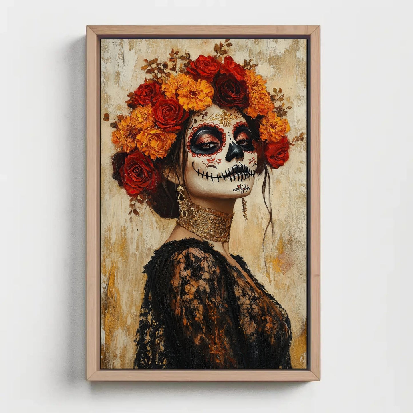 Sugar Skull canvas wall art shown in a styled room