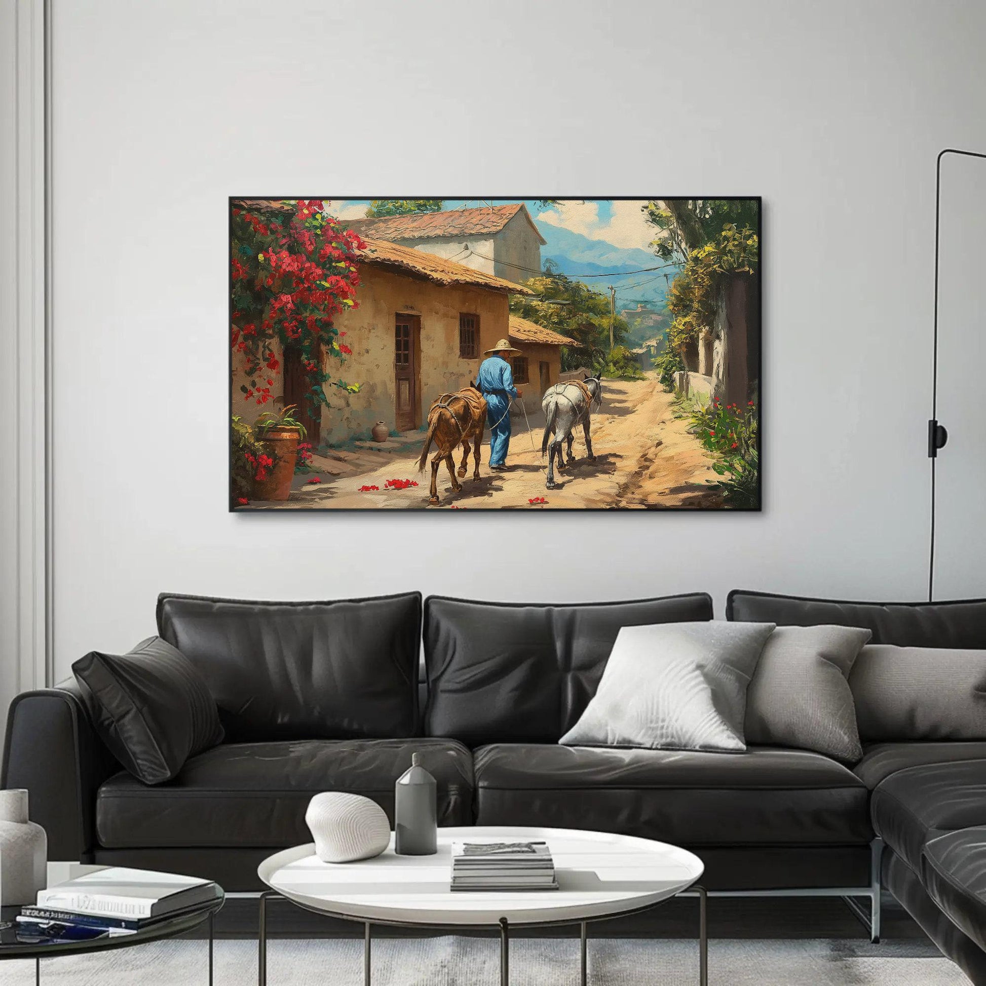 Mexican Village , Vibrant Mexico Pueblo canvas wall art shown in a living room