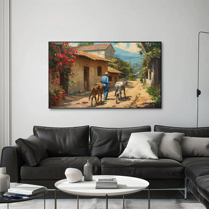 Mexican Village , Vibrant Mexico Pueblo canvas wall art shown in a living room