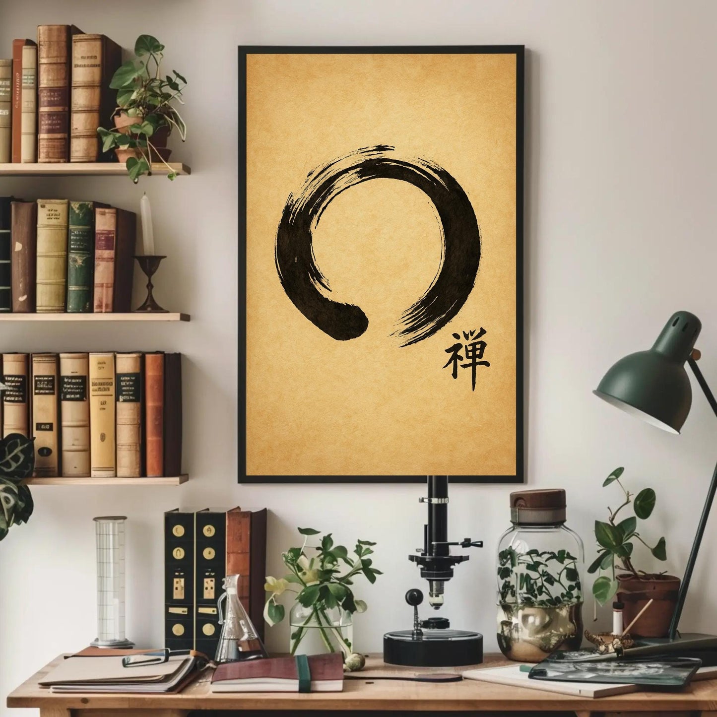a picture of a table with books and a lamp