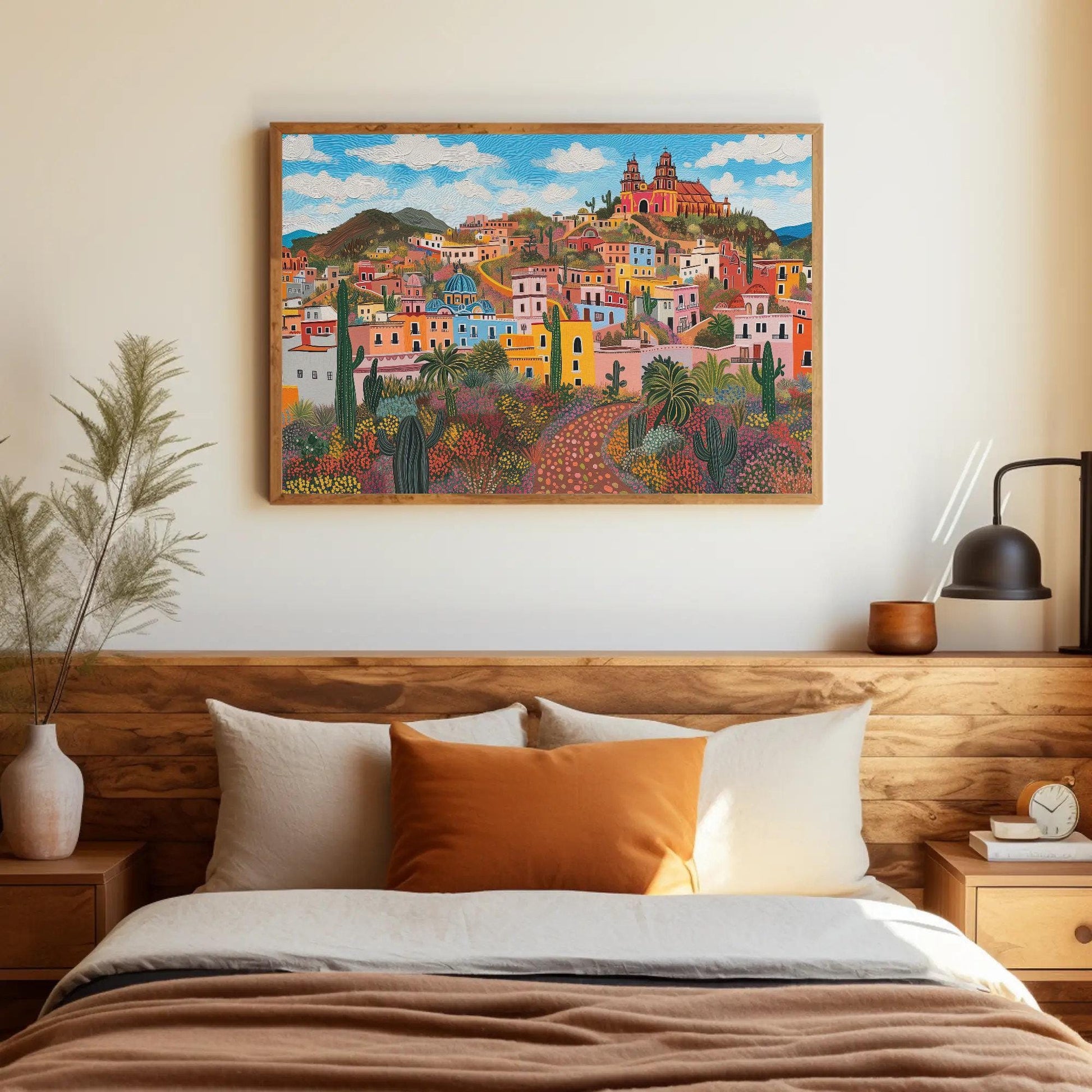Zacatecas Mexico , Colorful Colonial canvas wall art shown in a bedroom