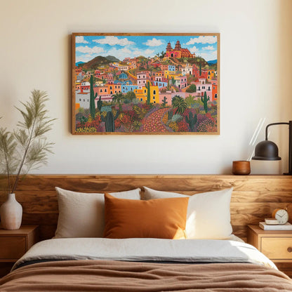 Zacatecas Mexico , Colorful Colonial canvas wall art shown in a bedroom