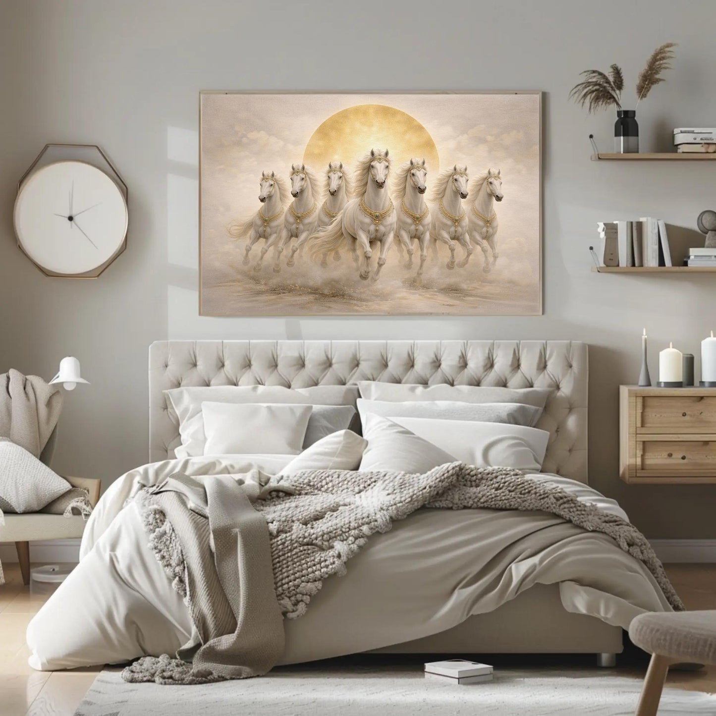 Seven White Horses , Vastu Prosperity canvas wall art in gold tones