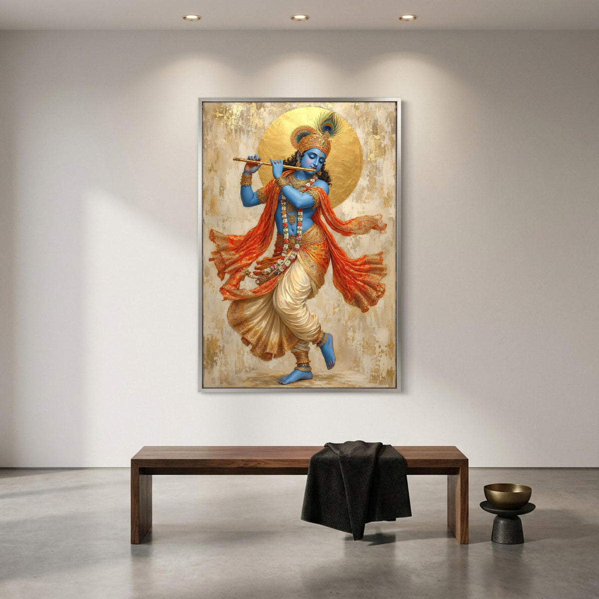 a large painting of a Hindu deity, possibly a deity like Krishna, displayed on the wall of a room with a wooden bench in front of it.
