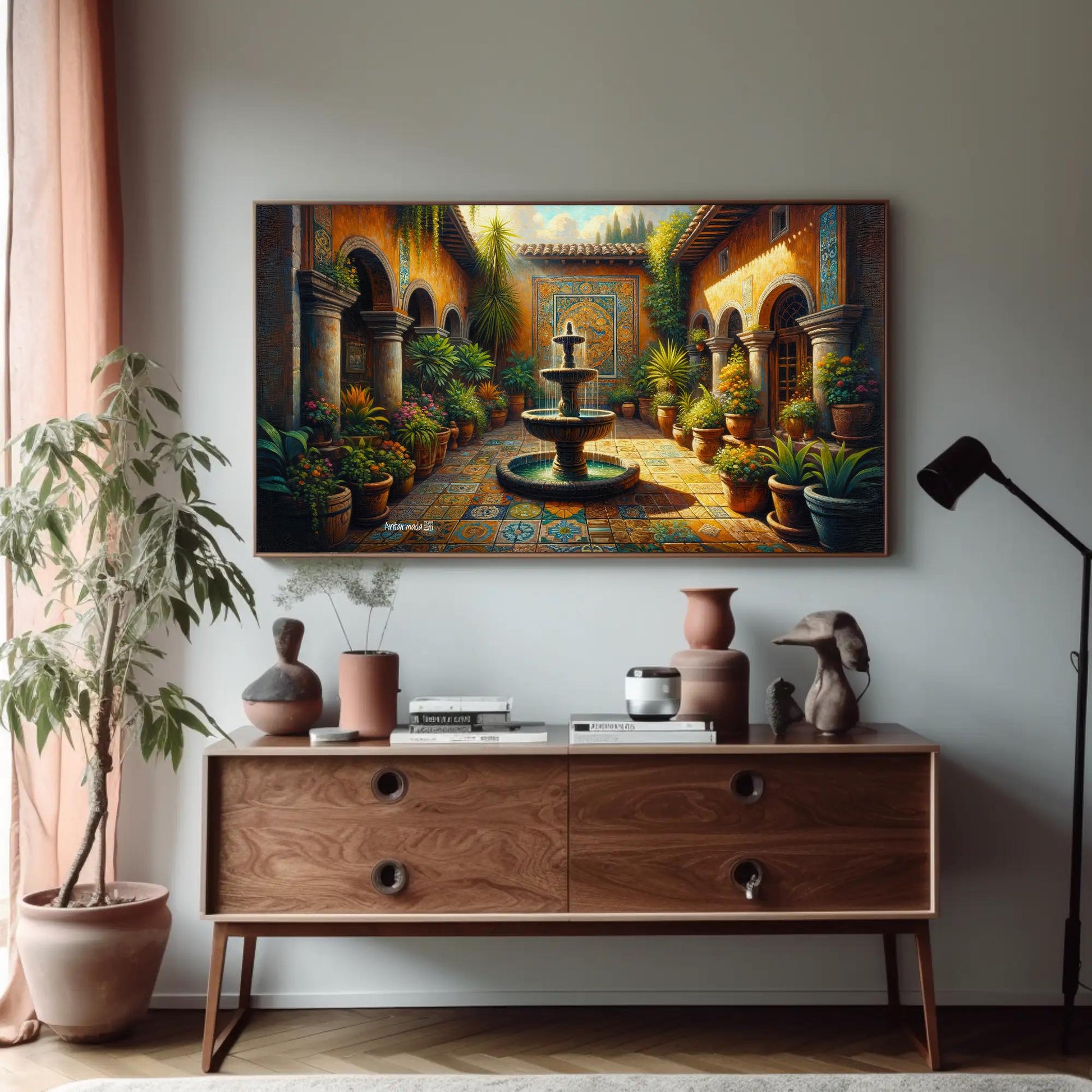 Mexican Courtyard canvas wall art shown in a styled room