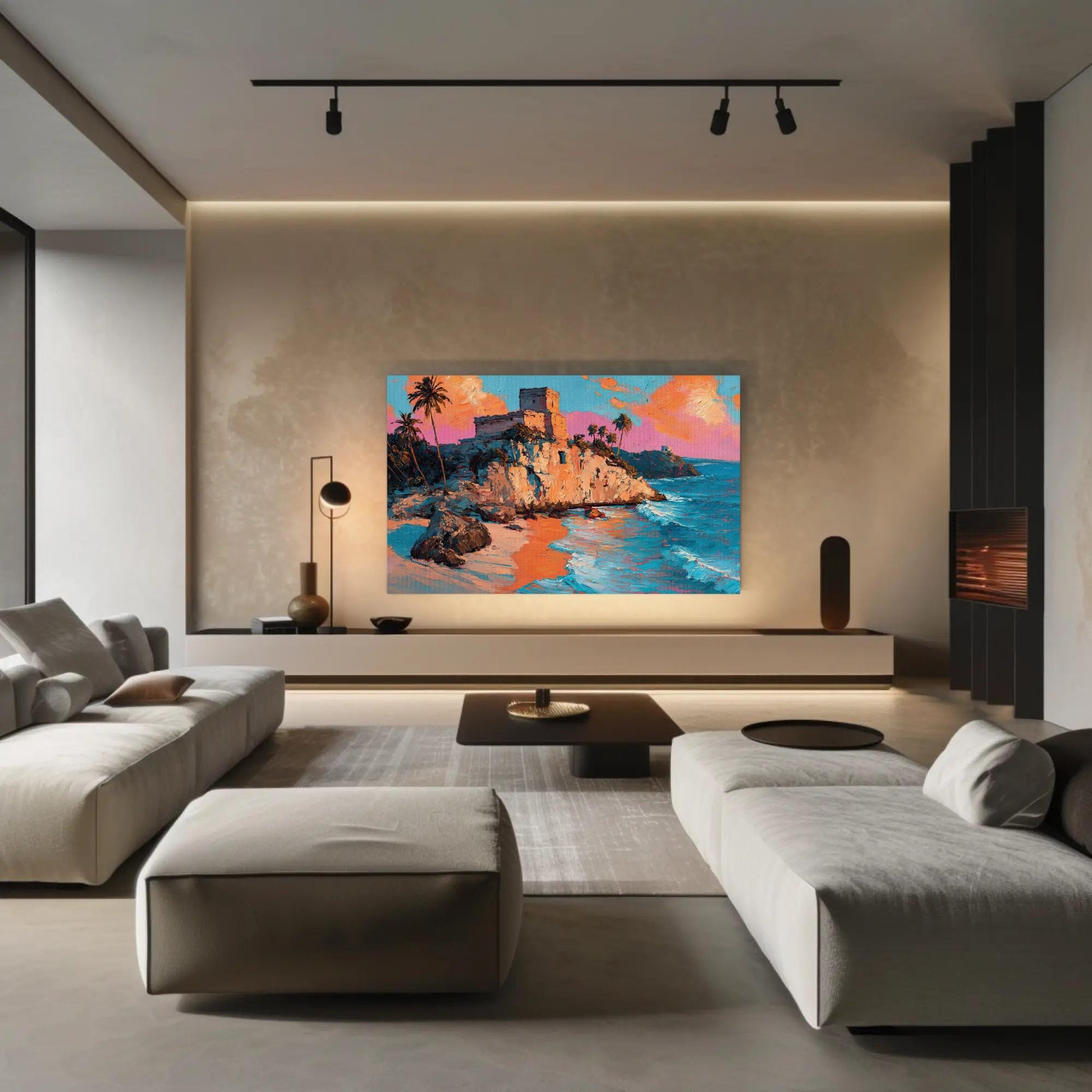 Tulum Ruins Oil Painting canvas wall art shown in a living room (view 3)