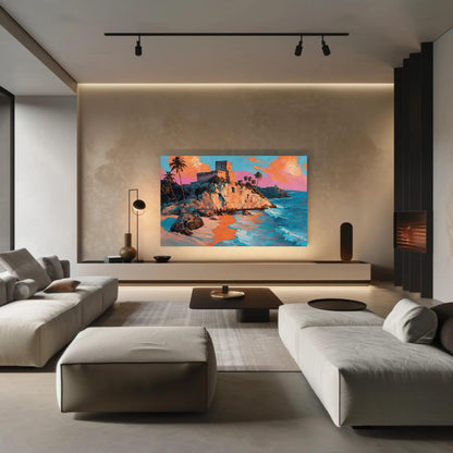 Tulum Ruins Oil Painting canvas wall art shown in a living room (view 3)