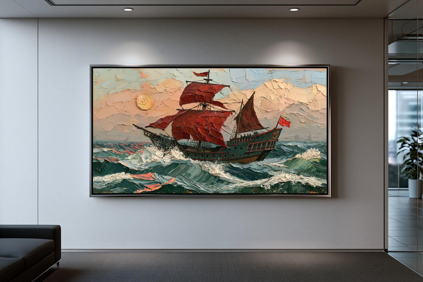 A large painting of a red sailing ship with billowing sails, set against a backdrop of a stormy sea and a bright sun, is displayed on the wall of a modern room.