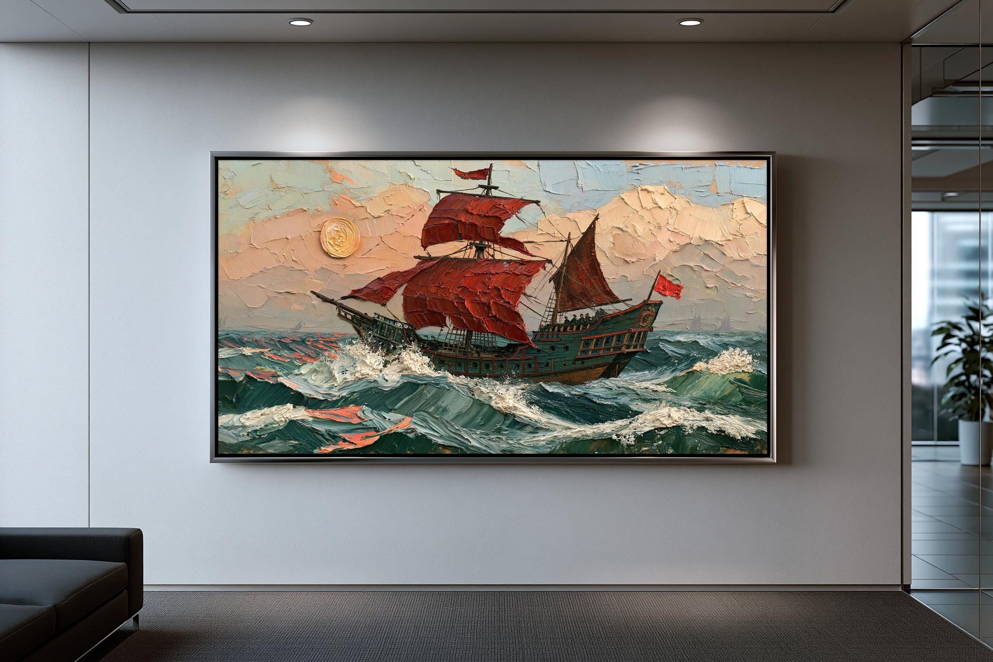 A large painting of a red sailing ship with billowing sails, set against a backdrop of a stormy sea and a bright sun, is displayed on the wall of a modern room.