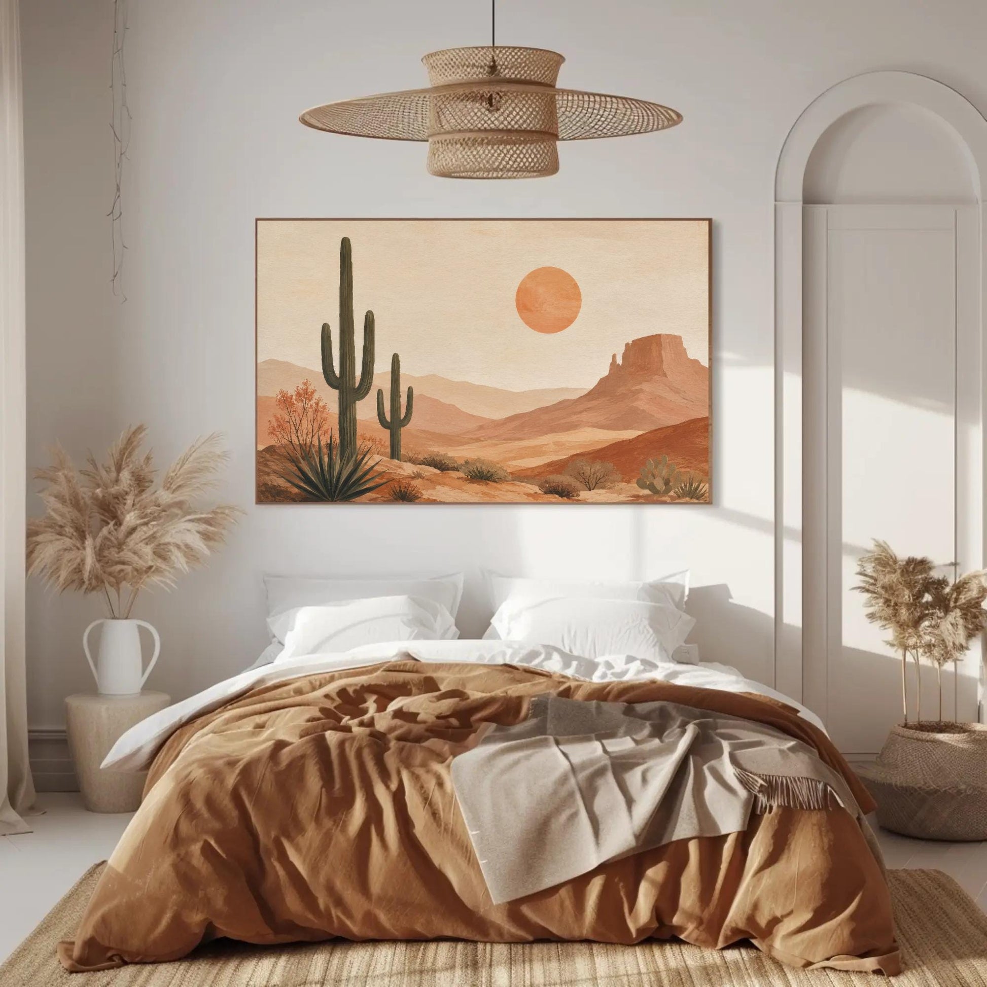 a serene bedroom scene with a large bed, a framed desert landscape painting, and a woven light fixture above it.