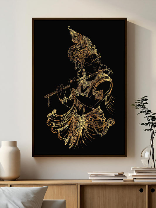 Krishna with flute canvas wall art, Lord Krishna playing the bansuri in gold filigree on black