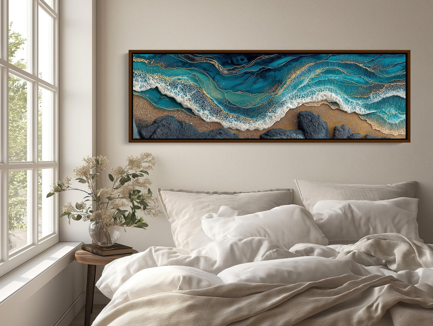 Ocean Waves , Gold Leaf Teal Seascape canvas wall art shown above a bed
