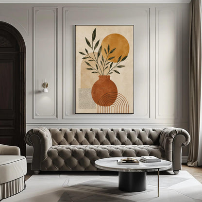 Boho terracotta vase canvas wall art, modern living room with a tufted gray sofa, a round coffee table, and a large abstract