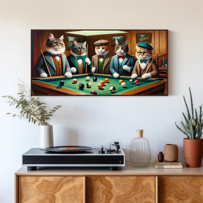 Cats Playing Pool , Whimsical Game Room canvas wall art shown in a styled room