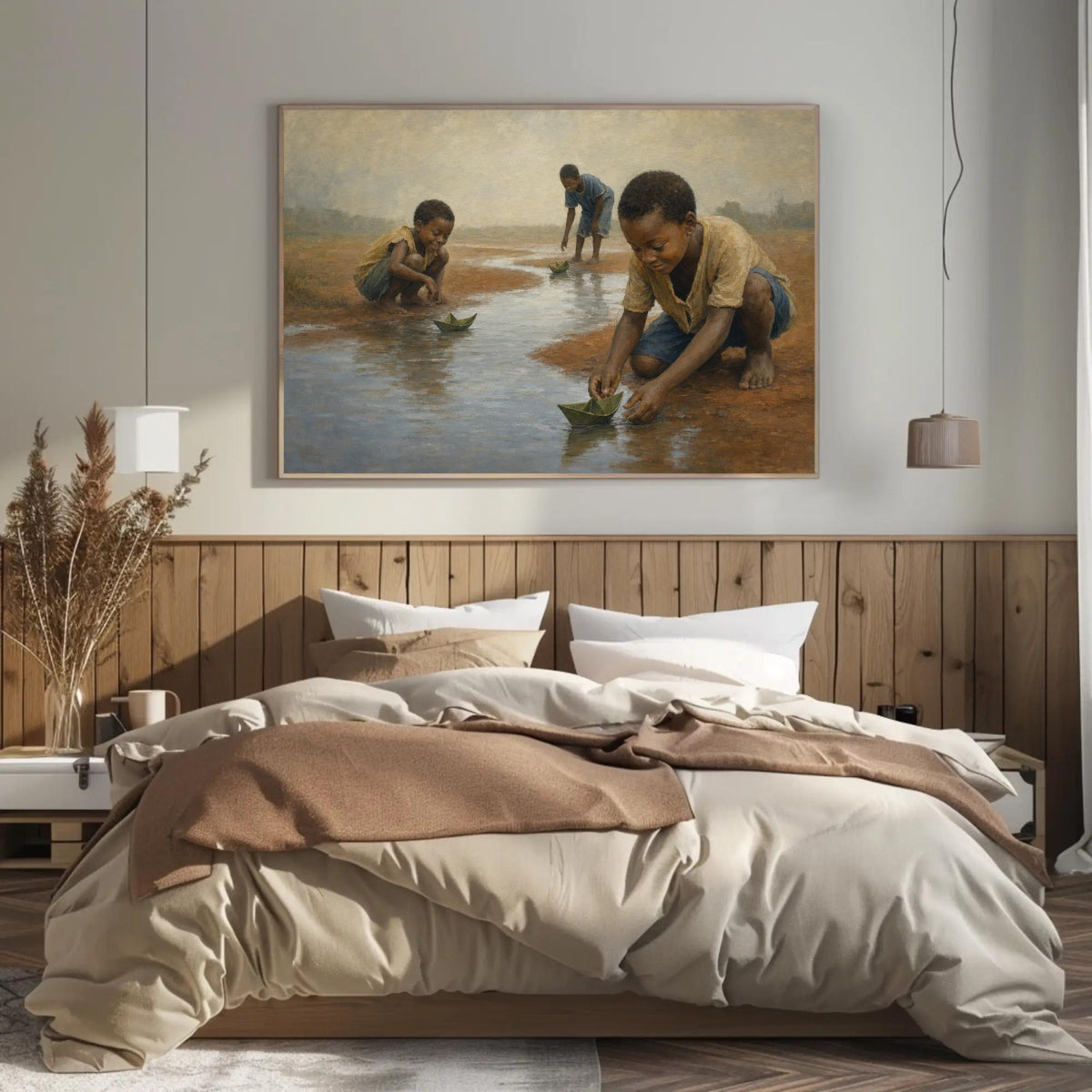 Children with paper boats canvas wall art, serene bedroom scene with a large painting of children playing in a river on the