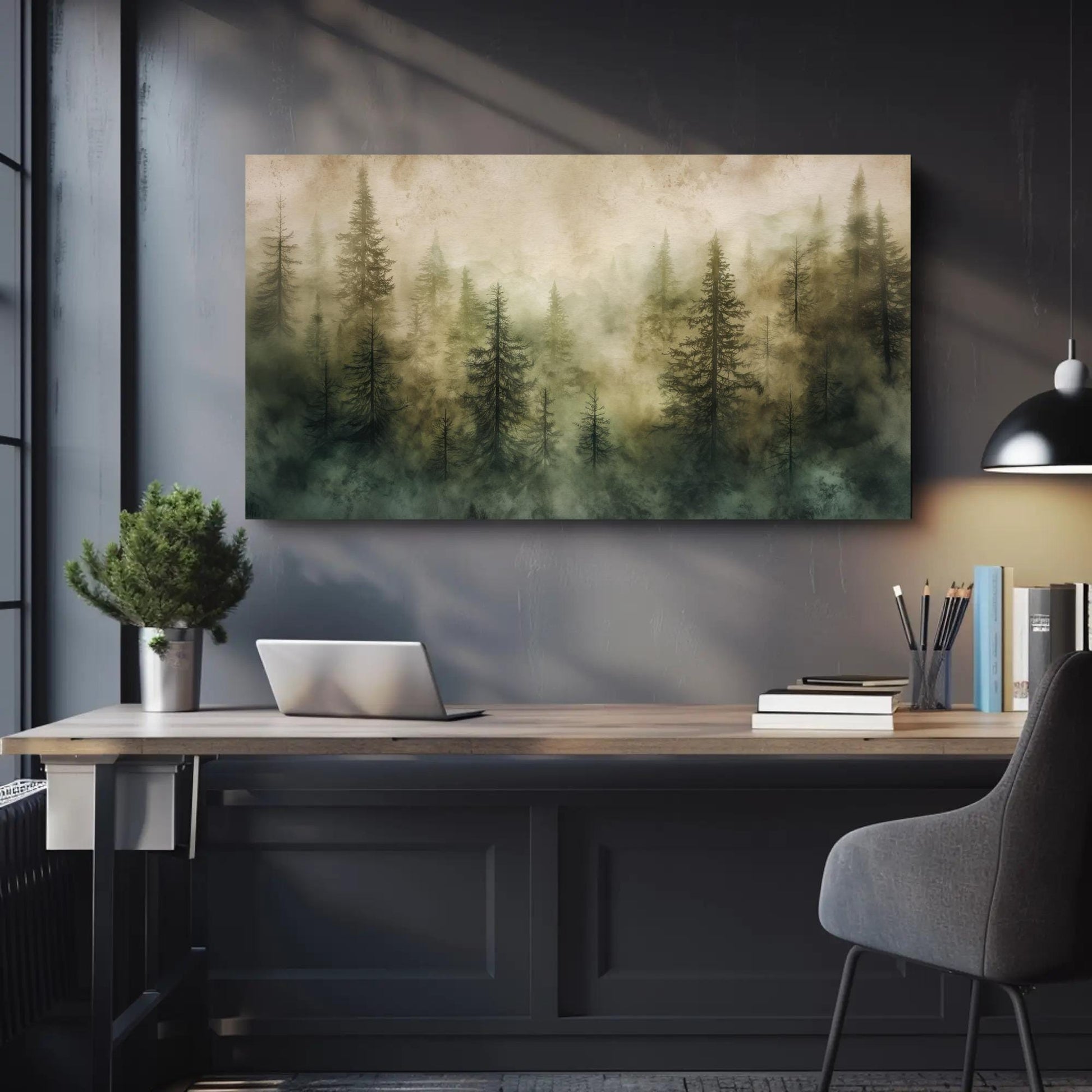 Misty Pine Forest canvas wall art shown above a desk
