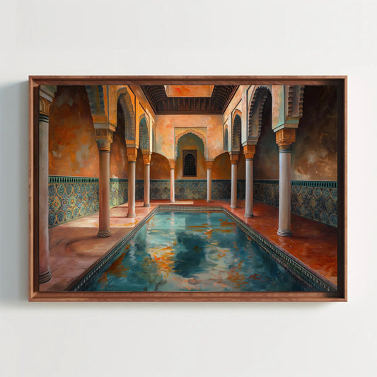 a painting of a pool in a building